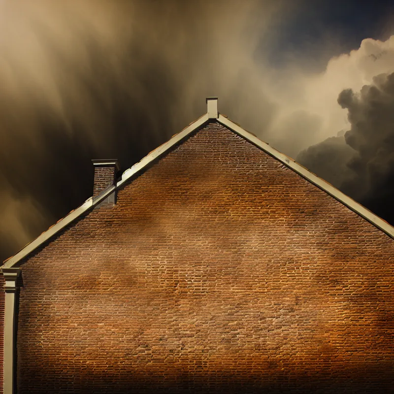 A strong back wall of a house supporting the roof against a stormy sky, with chiaroscuro lighting enhancing the texture of the bricks.