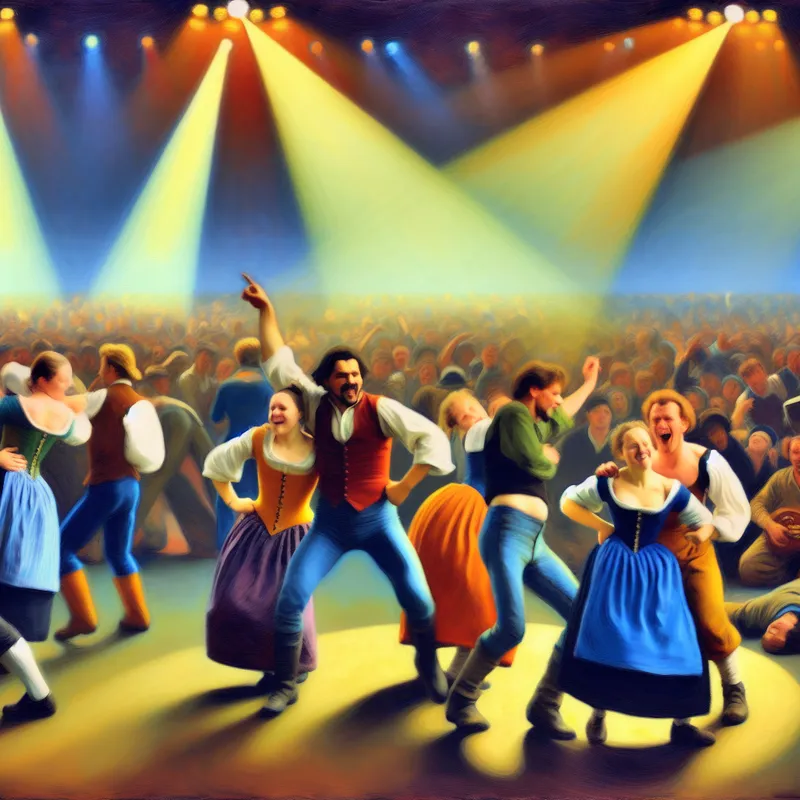 Groep enthousiaste mensen danst in rockstijl op een levendig podium tijdens een concert.