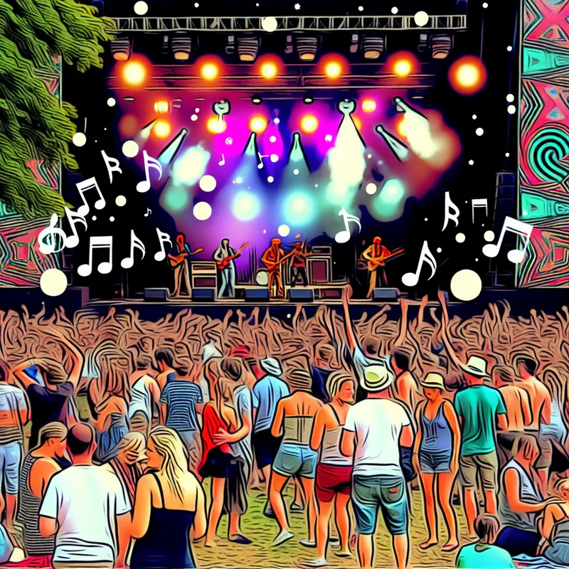 Een levendige scène van een rockconcert in een park met een enthousiaste menigte die geniet van lokale bands, versierd met kleurrijke lichten en geometrische vormen.