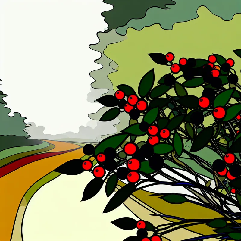 Vibrante illustratie van rode en zwarte bessen groeiend op struiken in de natuur, met een bosachtergrond en een kronkelig pad.