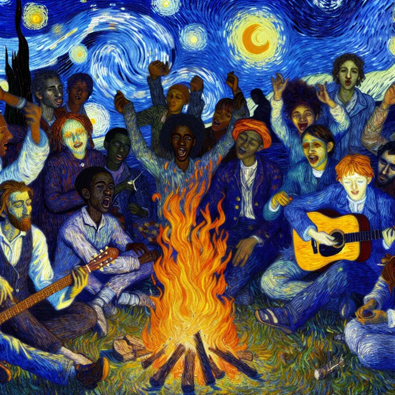 Een groep diverse jonge mensen rondom een kampvuur, lachen, gitaar spelen en marshmallows roosteren onder een sterrenhemel.