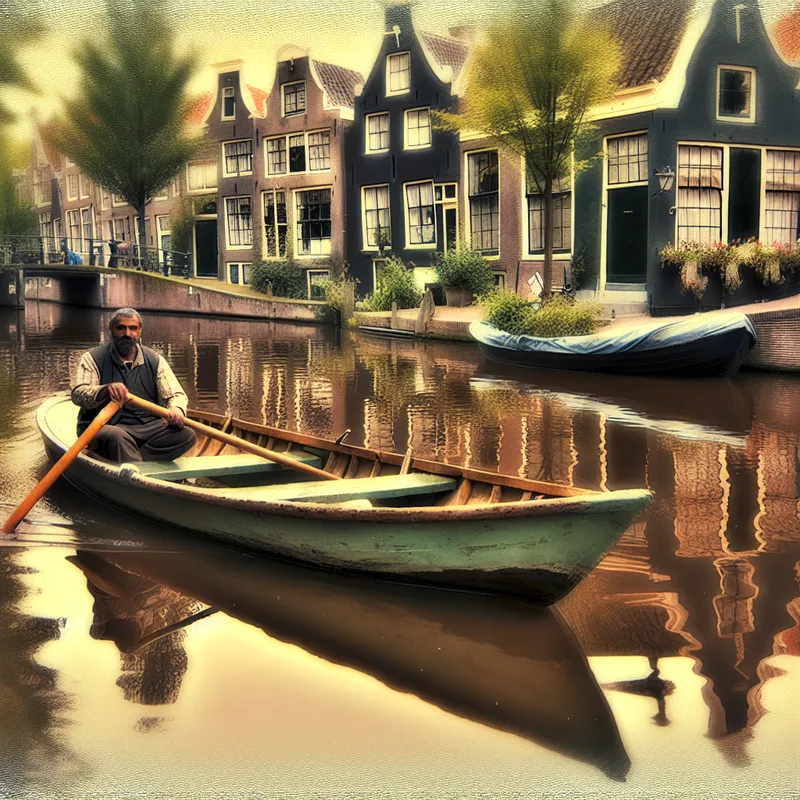 Kleine roeiboot met persoon die rustig roeit op een Amsterdamse gracht, omringd door nostalgische huizen en groen