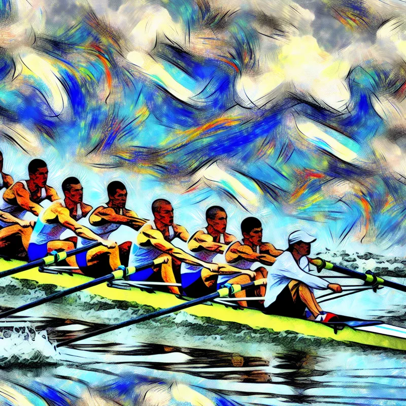 Abstract expressionistische afbeelding van een roeiteam van acht met stuurman in actie, met krachtige roeislagen en dynamische beweging