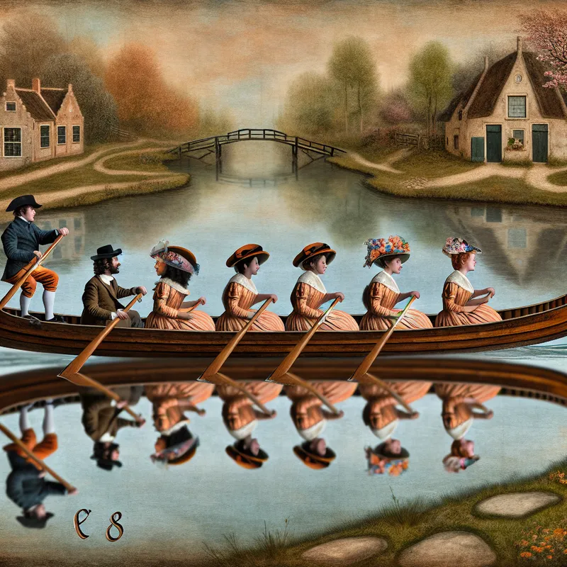 Een nostalgische roeiteam van acht personen in een houten boot op een rustige rivier, omringd door een sprookjesachtig dorp in de stijl van Anton Pieck