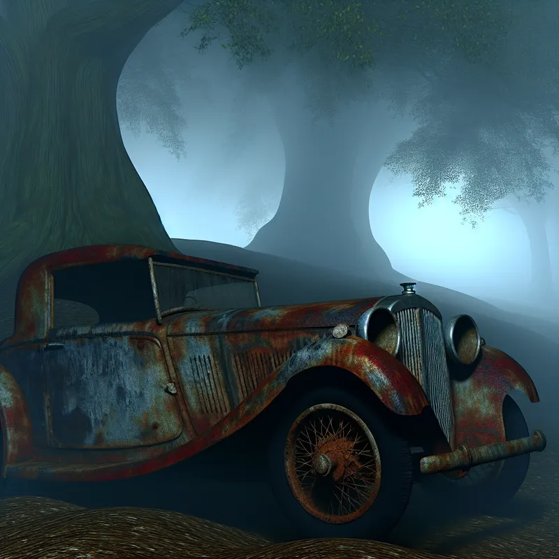 Oude, roestige auto geparkeerd in een duistere, gotische omgeving