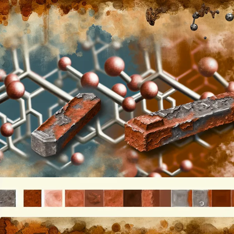 Stapsgewijze illustratie van het roestproces van ijzer, met zichtbare oxidatielagen en wetenschappelijke details in de stijl van Frans Hals