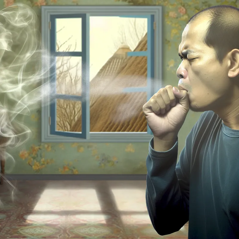 Man hoest krachtig omringd door rook, in de stijl van Johannes Vermeer