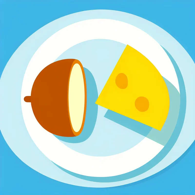 Minimalistische illustratie van een klein rond broodje (rolletje) met een plakje kaas, op een witte bord met een zachte blauwe achtergrond