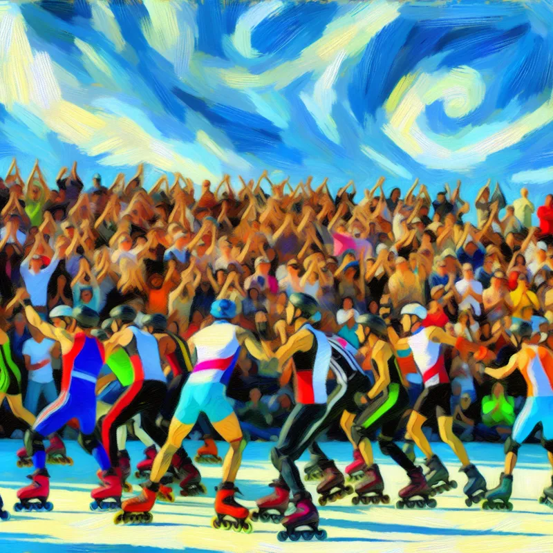 Een kleurrijk buiten evenement met rolschaatsers in levendige kostuums die dynamische bewegingen uitvoeren en in een competitieve houding staan, onder een blauwe lucht met dikke penseelstreken.