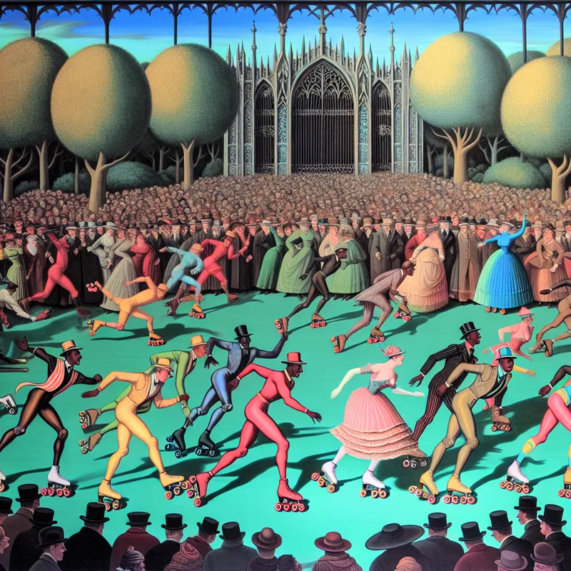 Een dynamisch beeld van een rolschaatswedstrijd in een levendig park, met skaters in kleurrijke outfits en een druk publiek.