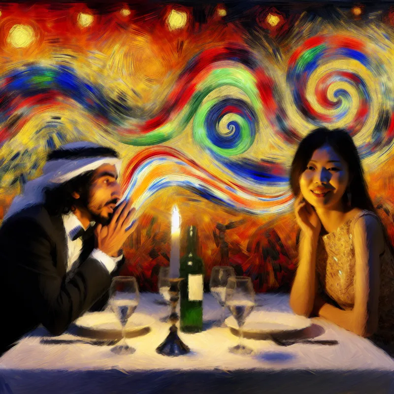 Een romantische diner-setting met een man die zich naar een vrouw leunt, terwijl kleurrijke woorden als penseelstreken om hen heen dansen.