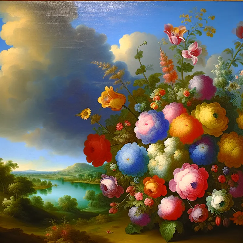 Romantisch landschap met een kleurrijke bloemenboeket op de voorgrond, symbool voor liefde, en dramatische luchten op de achtergrond