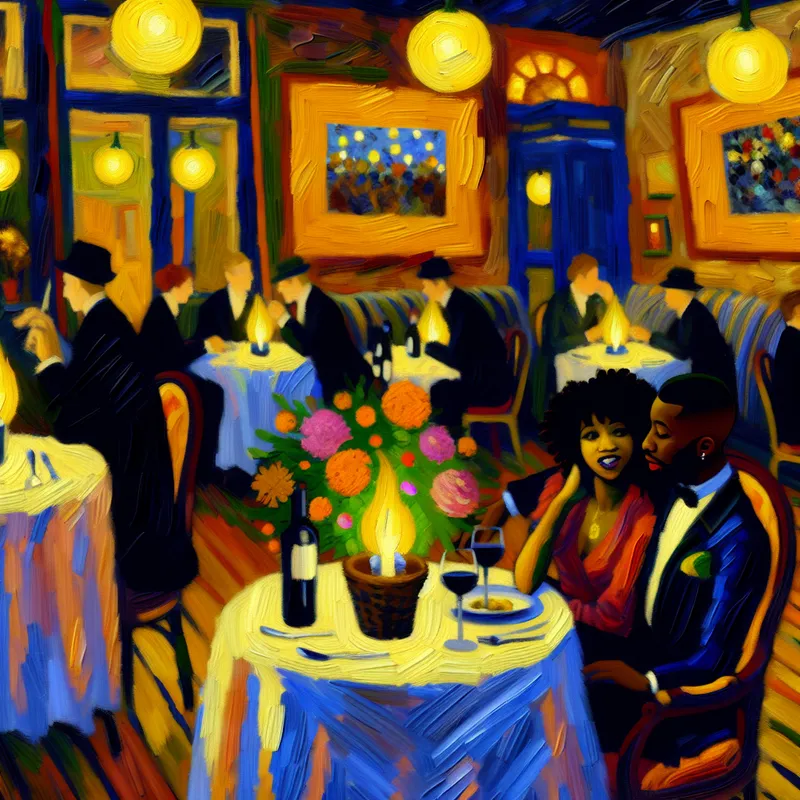 Een romantische restaurantscène met een stel dat geniet van een avondmaaltijd onder warme, zachte verlichting.