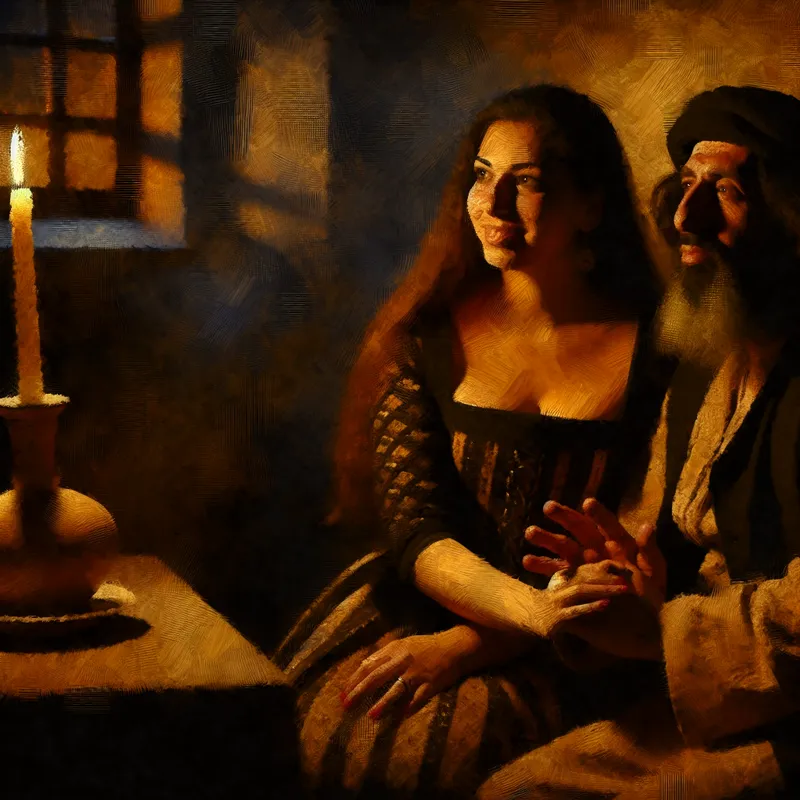 Intiem portret van een stel in warme, zachte belichting, geschilderd in Rembrandt-stijl met diepe schaduwen en aardetinten, symboliserend voor een vaste relatie en liefde