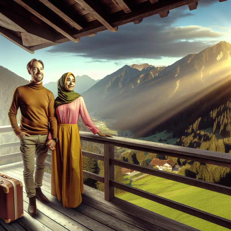 Een stel op een balkon met uitzicht op bergen en een vallei tijdens zonsondergang, met een koffer naast zich.