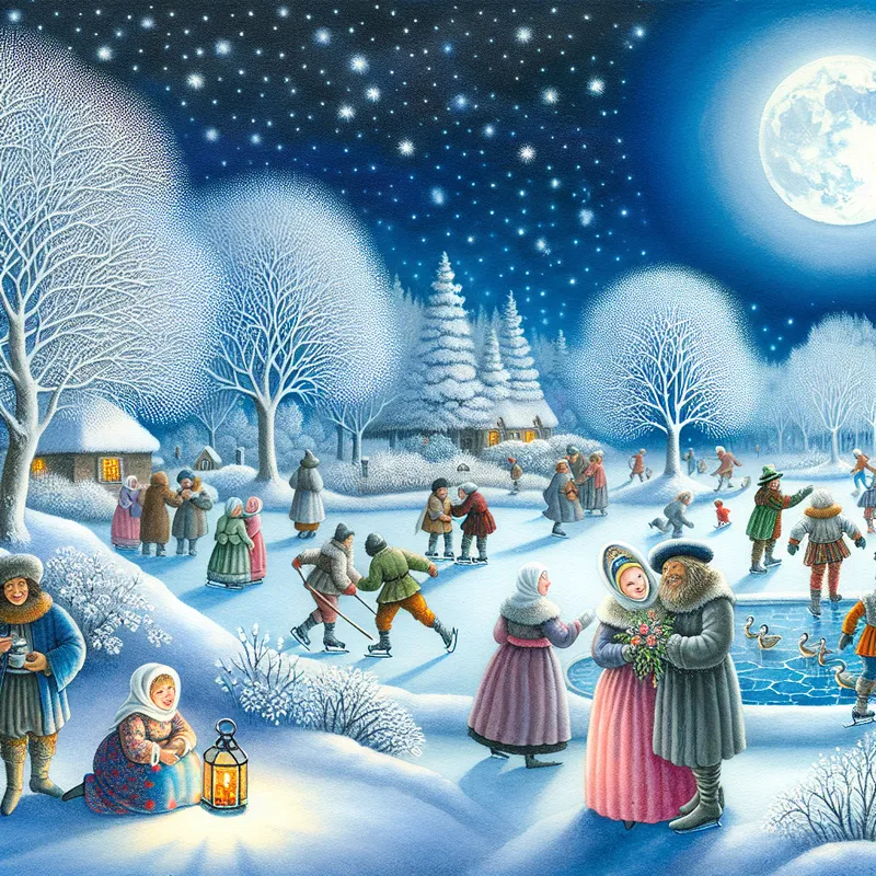 Een winterlandschap verlicht door maanlicht, met een stel dat geniet van een avond onder de volle maan.