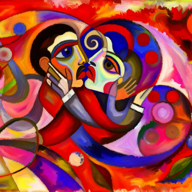 Abstracte voorstelling van romantische aantrekkingskracht tussen twee geliefden met levendige kleuren en expressieve houdingen.