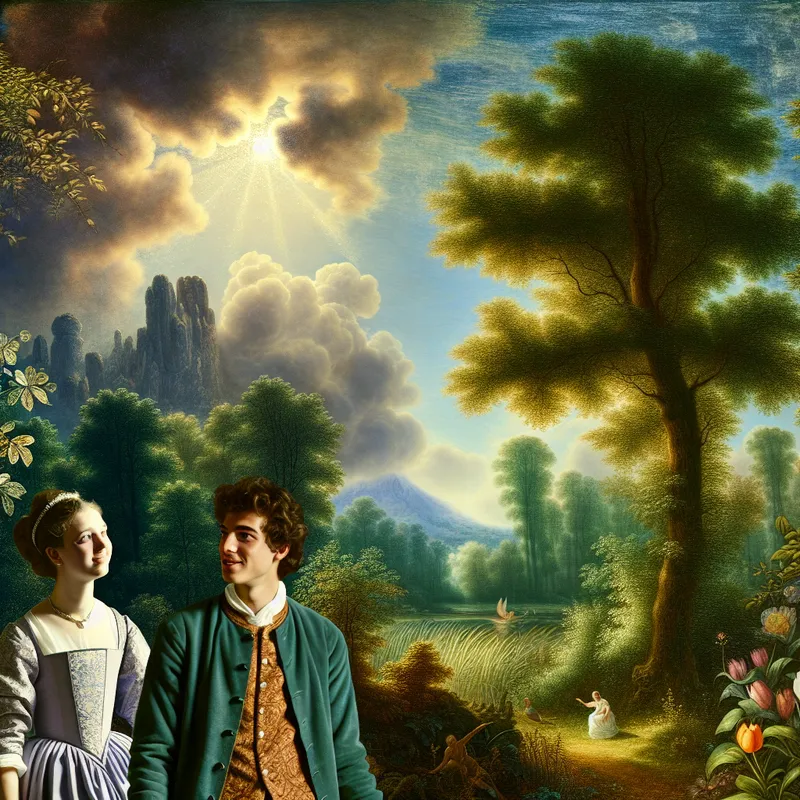 Een jonge vrouw kijkt vol bewondering naar een charmante jonge man in een groene landschapsscène