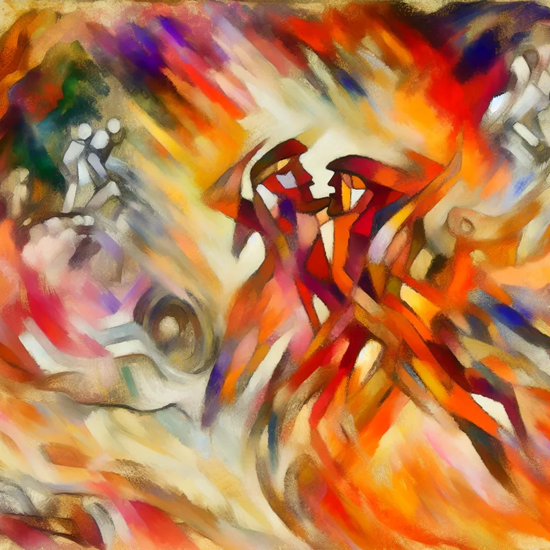 Abstract expressionistisch kunstwerk van twee figuren die romantische achtervolging uitbeelden met warme en koele kleuren