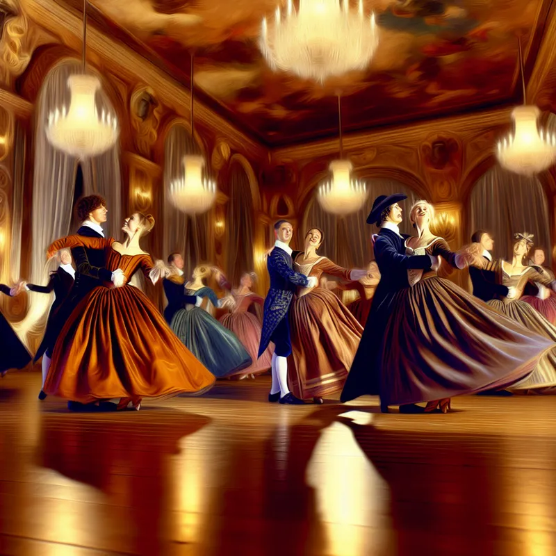 Elegant ballroom scene with couples dancing gracefully in warm light