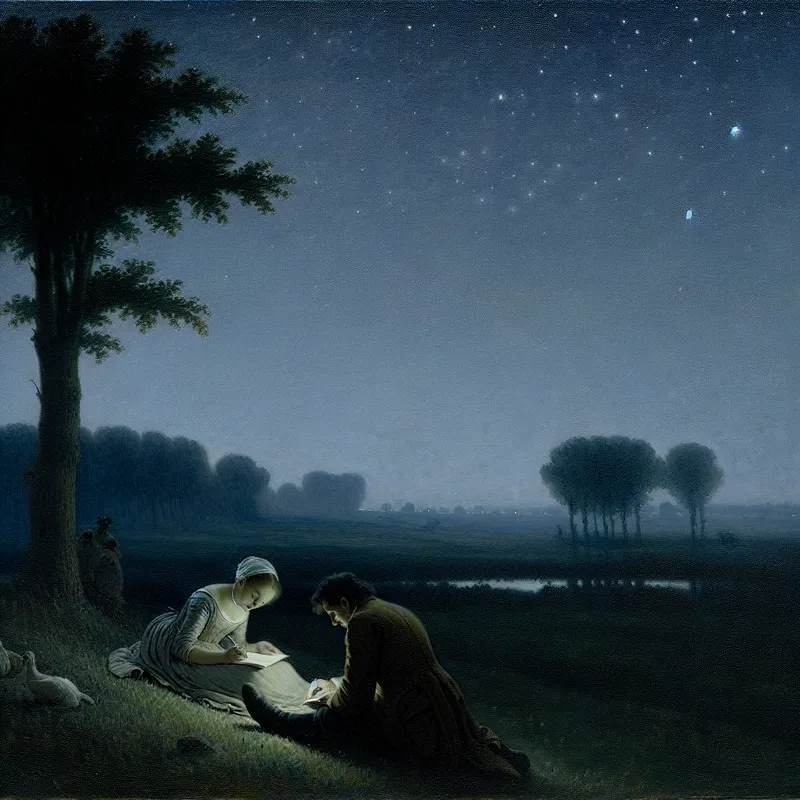 Koppel leest en schrijft poëzie onder sterverlichte nachtelijke hemel