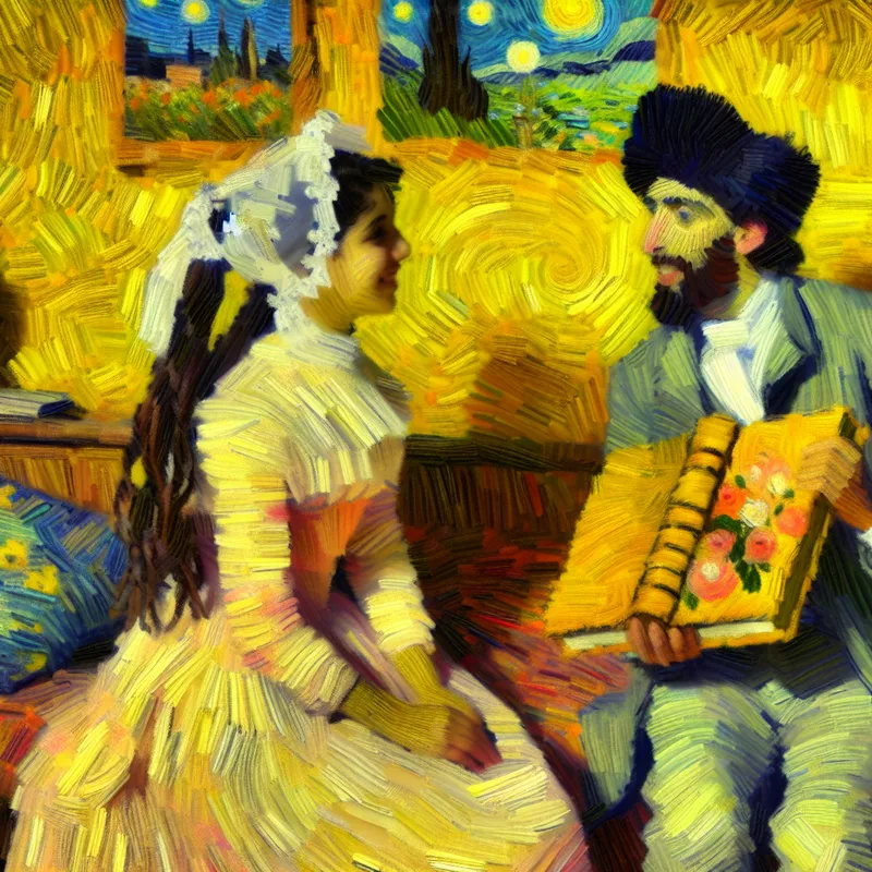 Een romantische scène waarin een man een prachtig verpakt boek overhandigt aan een vrouw die vol genegenheid naar hem kijkt.