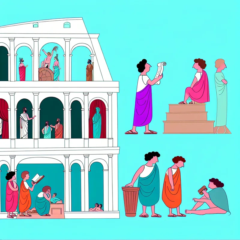Een levendige illustratie van de Colosseum met mensen in toga’s die lezen en discussiëren, in een minimalistische stijl.