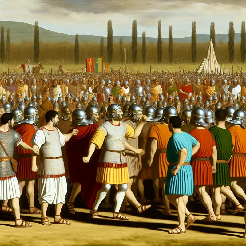 Romeinse centurie van honderd soldaten in traditioneel pantser marcherend naar een trainingskamp