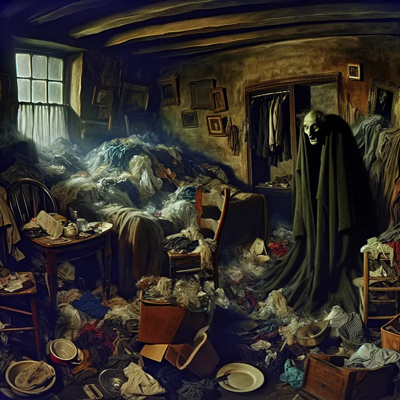 Chaotische kamer vol rommel met een gefrustreerde persoon in het midden.