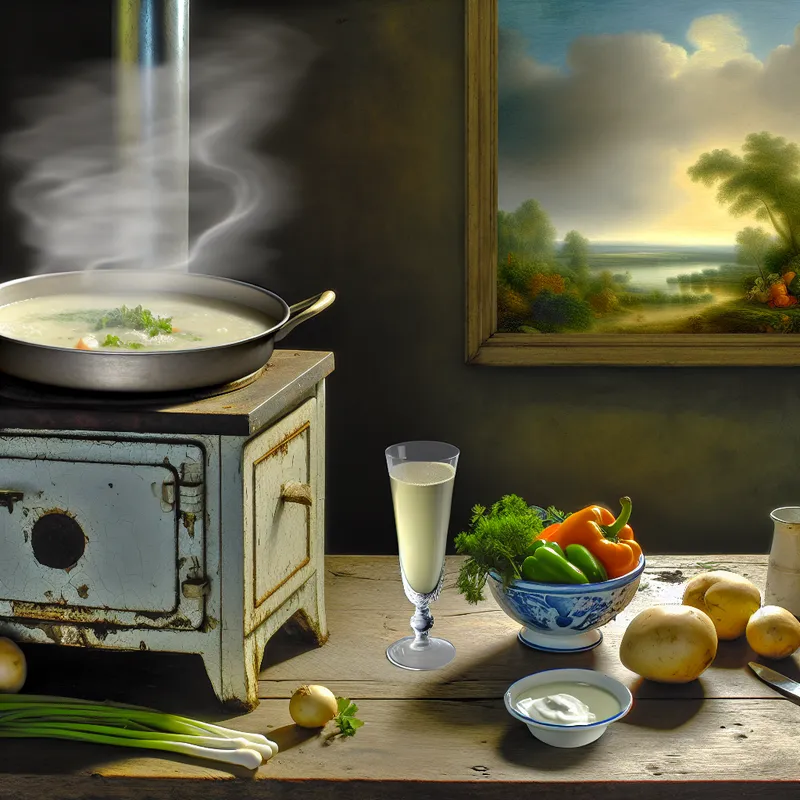 Een pot romige soep op een rustieke houten kookplaat, omringd door verse groenten en kruiden