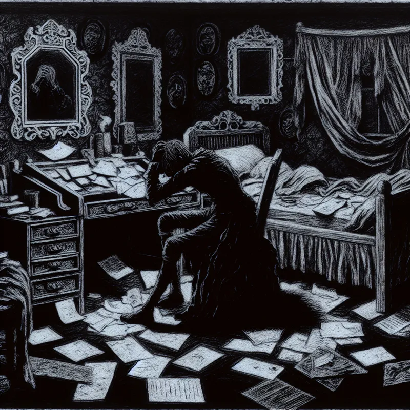 Gothische kamer met rommel en chaos, figuur met hoofd in handen aan een rommelig bureau