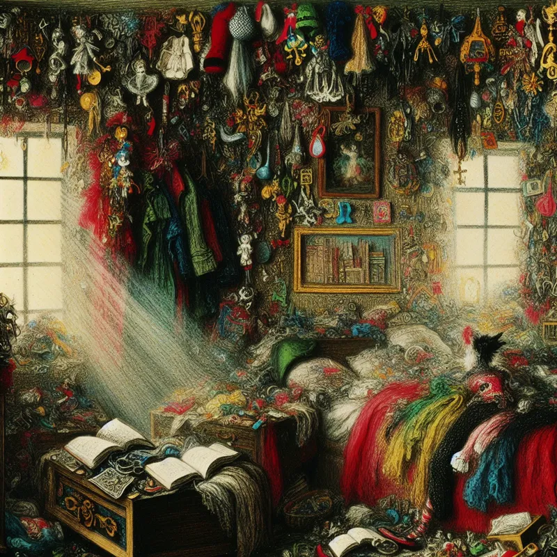 Een rommelige slaapkamer vol kleurrijke spullen, waaronder kleren, boeken en speelgoed, met een onopgemaakte beddenafdruk.