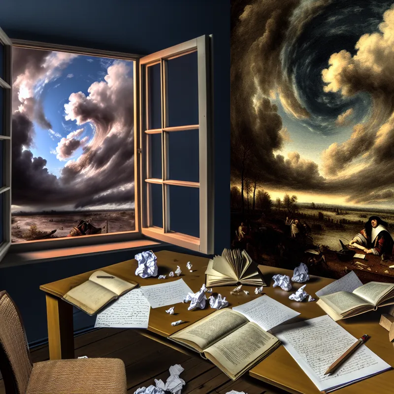 Een rommelige studeerkamer met verspreide papieren, een open boek met gekreukte pagina's en een gebroken potlood op de vloer.