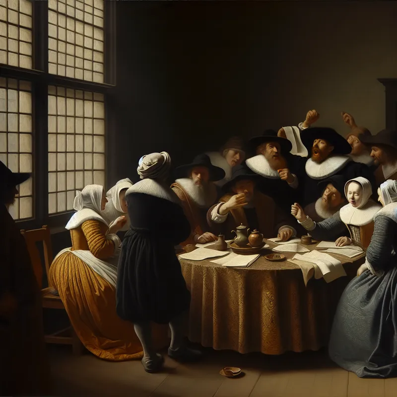 Een sfeervol interieur met een ronde houten tafel en elegant geklede mensen die een levendige discussie voeren.