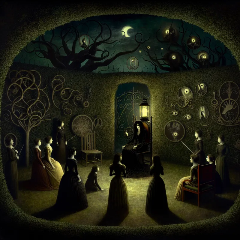 Gothische vertelsessie in een omheinde tuin met kinderen rondom een schaduwrijke verteller, symbool voor 'erom heen' in de stijl van Félicien Rops