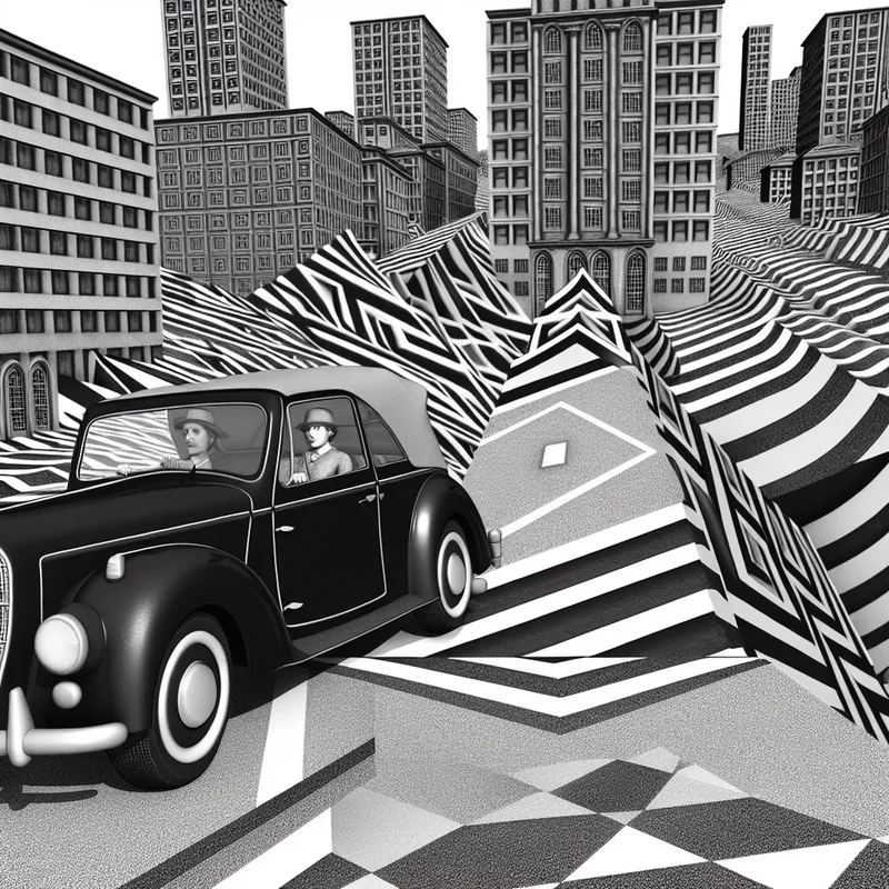 Zwart-wit surrealistische illustratie van een auto die doelloos rijdt door een onmogelijke stad met Escher-achtige optische illusies en lussen, symbool voor rondrijden zonder doel