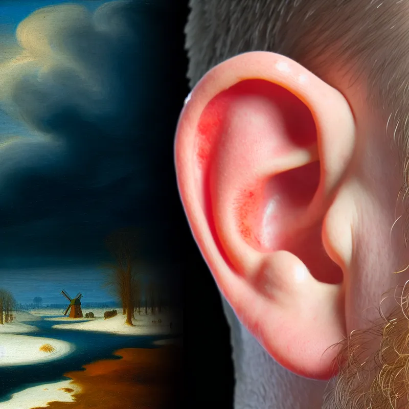 Close-up van een rood oor door de kou met een dramatisch landschap op de achtergrond