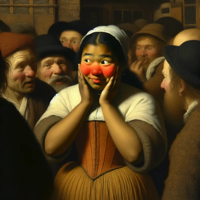 Jonge vrouw met rode wangen van verlegenheid in een levendige, warme scène in de stijl van Jan Steen