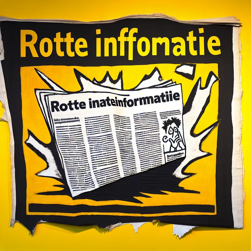 Krantenkop 'Rotte Informatie' met grote, vetgedrukte letters en een illustratie van een gescheurde krant die onbetrouwbare informatie symboliseert.