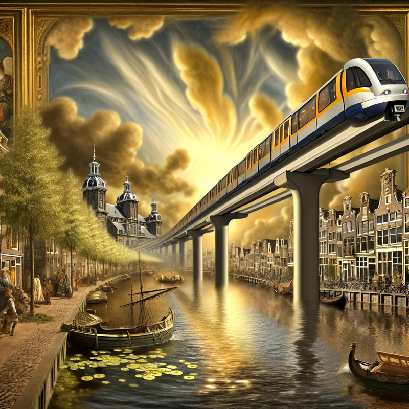 17e-eeuws schilderij van Rotterdam met moderne metro boven een historisch kanaal, geïnspireerd op Jacob van Ruisdael