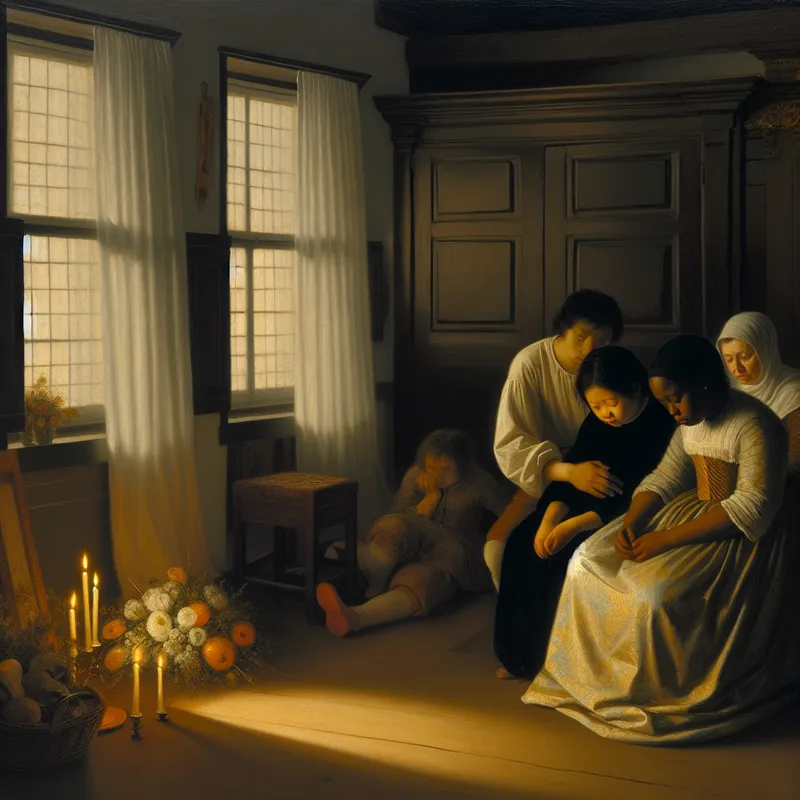 Een familie zit in een sfeervolle, zacht verlichte kamer en rouwt om hun overleden naaste, omringd door kaarsen en bloemen.