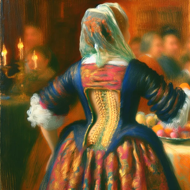 Vrouw in elegante jurk met open rugpand op een feestelijke bijeenkomst, geschilderd in de levendige stijl van Frans Hals