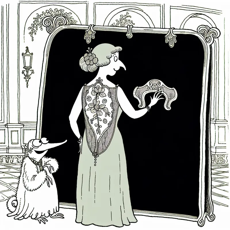 Cartoonillustratie van een elegant geklede figuur met een gedetailleerd rugpand met kant, in de stijl van Marten Toonder