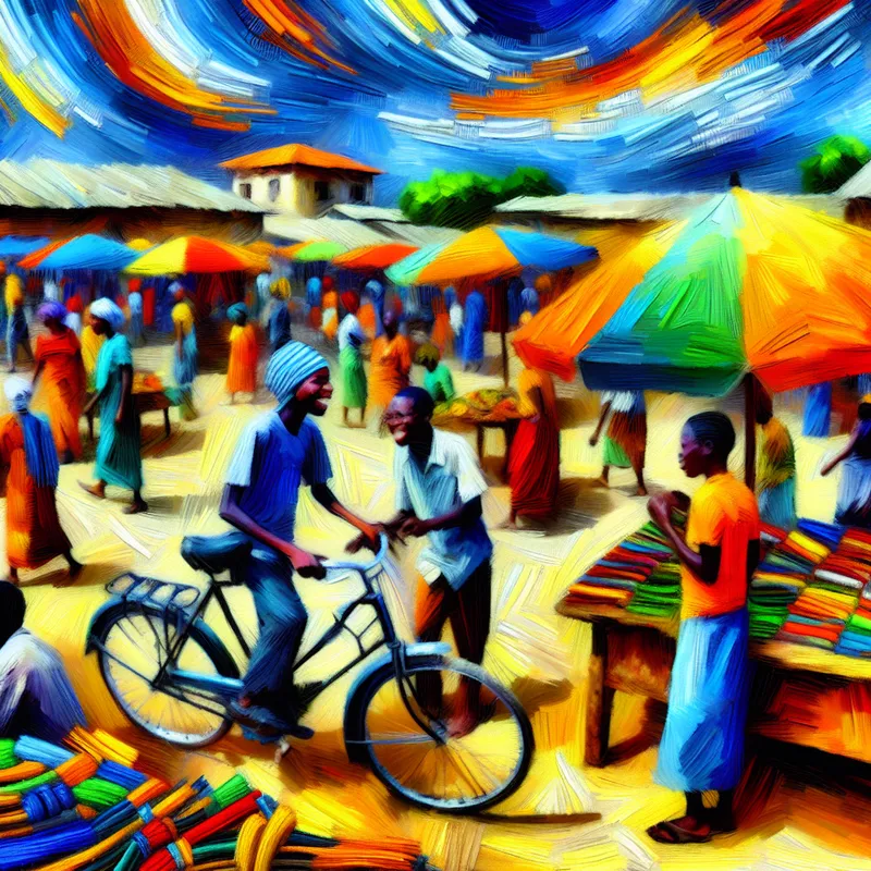 Een jonge persoon ruilt een oude fiets voor een nieuwe in een levendige buitenmarkt vol kleurrijke stalletjes.