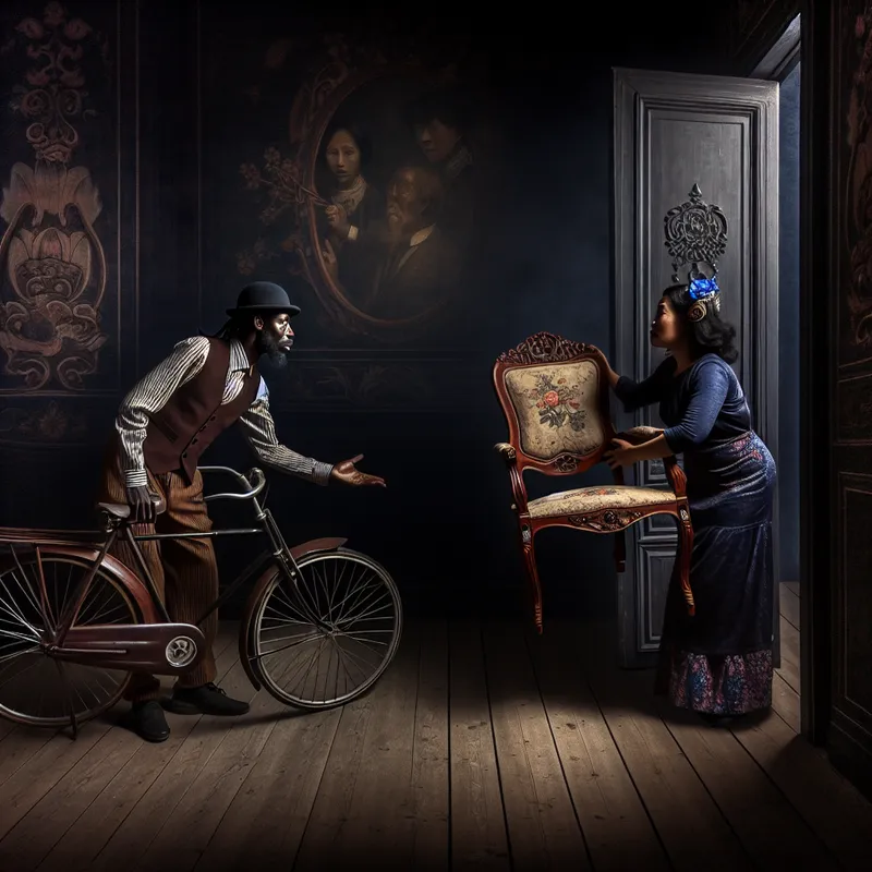 Een man en een vrouw ruilen een fiets voor een antieke stoel in een duistere, gothic geïnspireerde kamer.