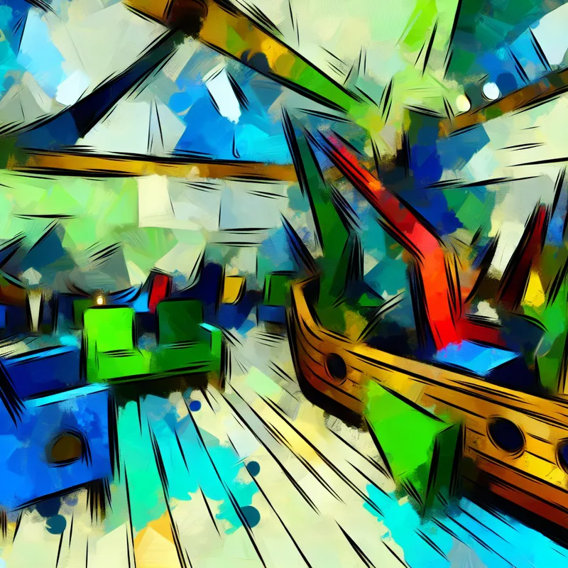 Abstracte weergave van de ruime binnenkant van een jachtkajuit met levendige kleuren en oversized meubels.