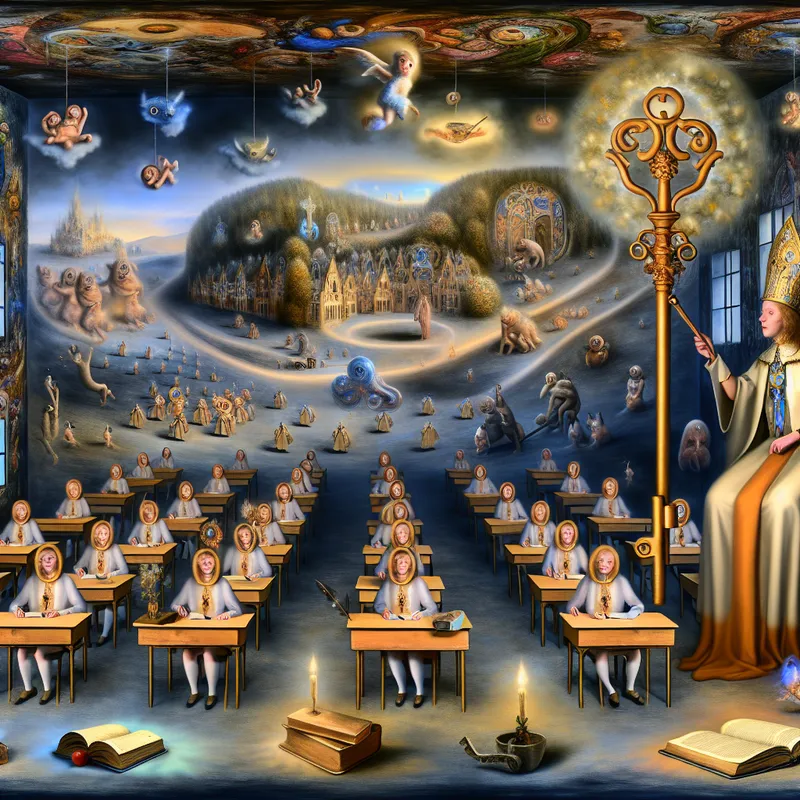 Surrealistische klas met rust en regelmaat, geïnspireerd op Hieronymus Bosch, waar een kalme leraar met een stralende sleutel orde handhaaft onder hybride leerlingen