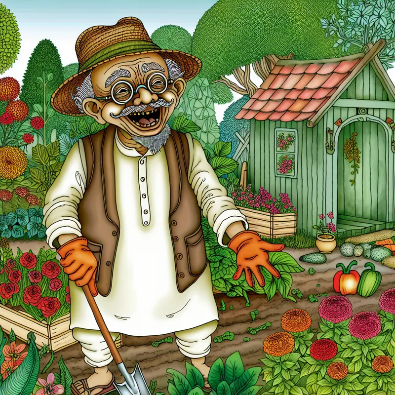 Vrolijke gepensioneerde man verzorgt een kleurrijke tuin met bloemen en groenten in een cartoonstijl