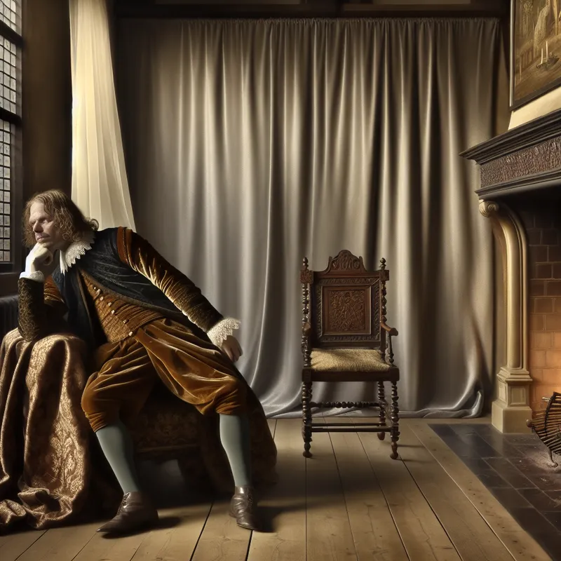 17e-eeuwse reiziger in Nederlandse kleding rust uit in een elegante stoel bij een haardvuur, serene sfeer