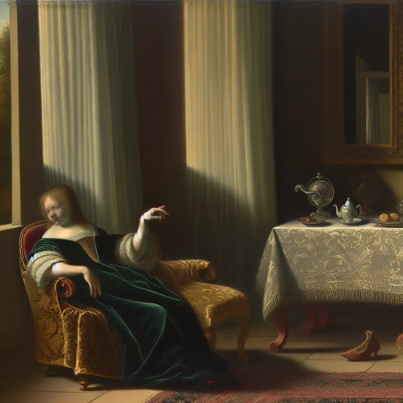 Interieur geïnspireerd door Gerard ter Borch, iemand maakt kalmerend gebaar